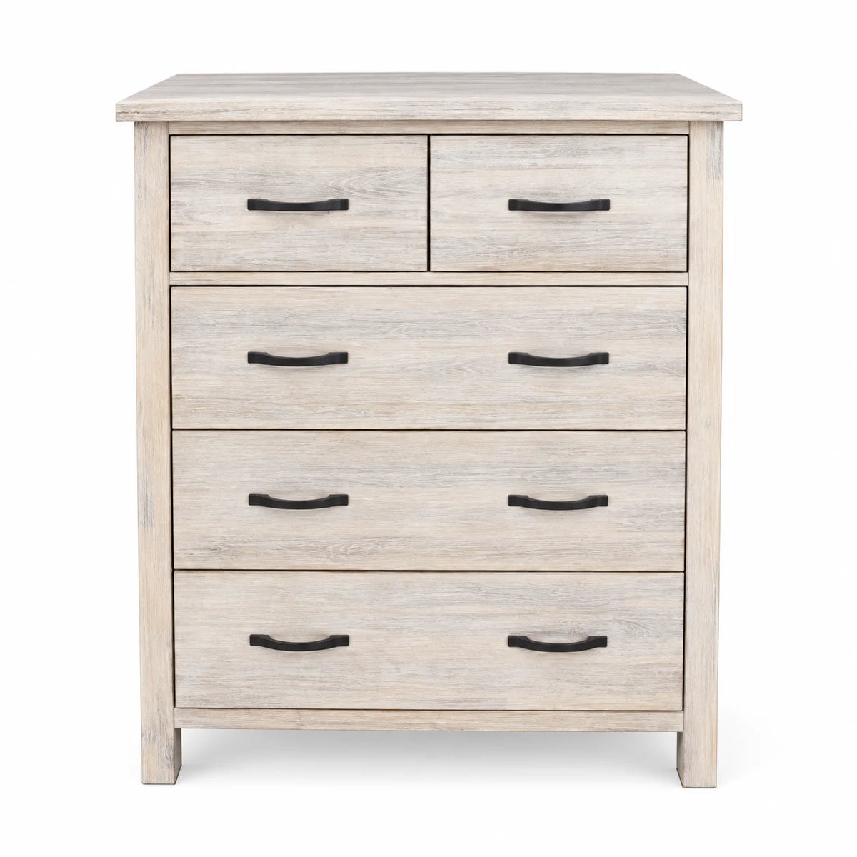 Brighton Solid Acacia 5 Drawer Tallboy – White Wash Rustic Finish