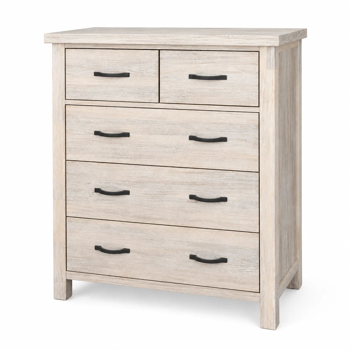 Brighton Solid Acacia 5 Drawer Tallboy – White Wash Rustic Finish