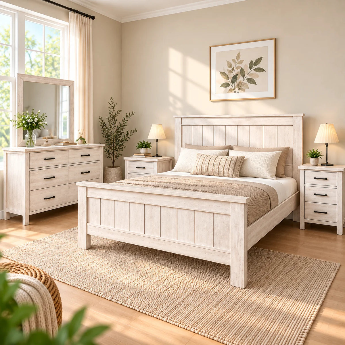 Brighton Solid Acacia Wood King Bedroom Suite – White Wash Rustic Finish