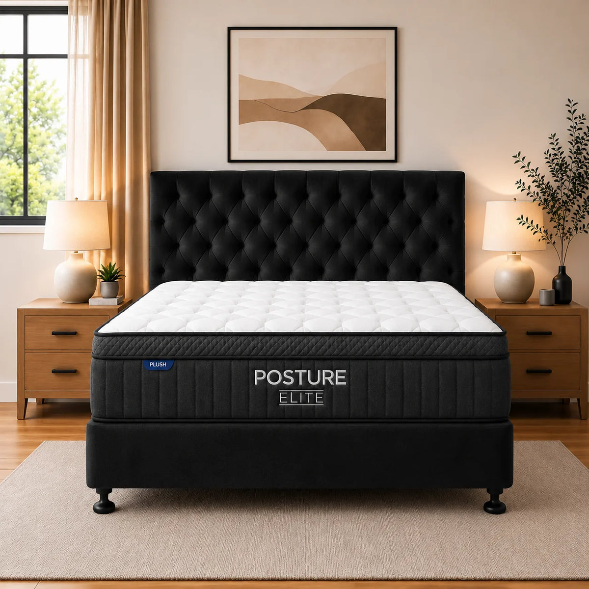 Queen Bed Set with Posture Elite Plush Mattress, NZ Made Split Base & Seattle Headboard