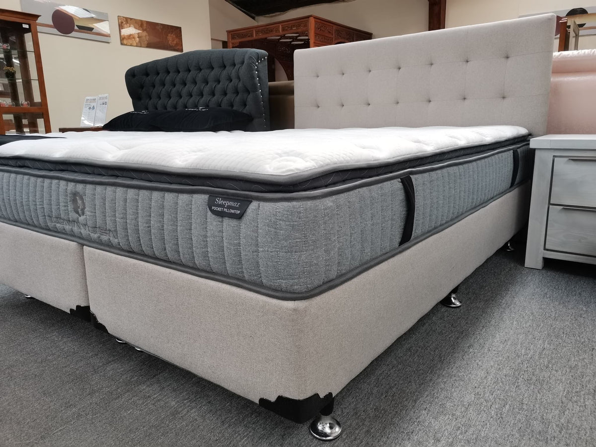 Bella Super King Bed 3pcs NZ Made Split Base, Headboard & 28cm Thick Pocket Spring Pillow Top Mattress