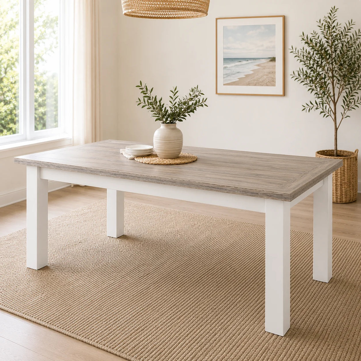 Ashland Solid Pine Dining Table – White Wash Coastal Style