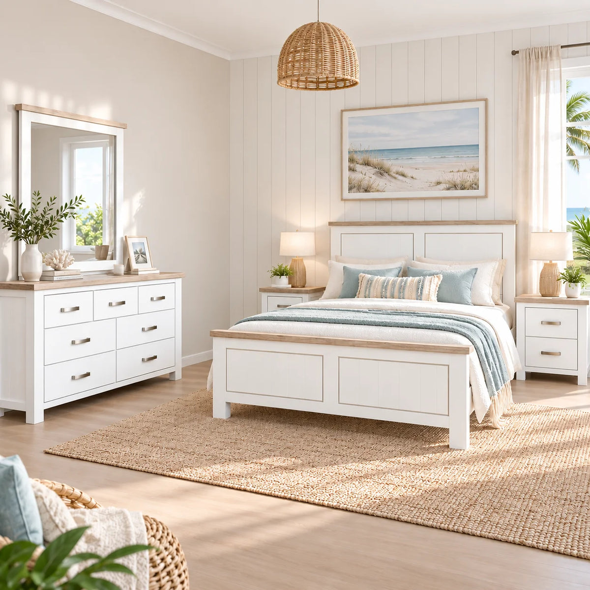 Ashland Solid Wood White Wash Coastal Queen Bedroom Suite
