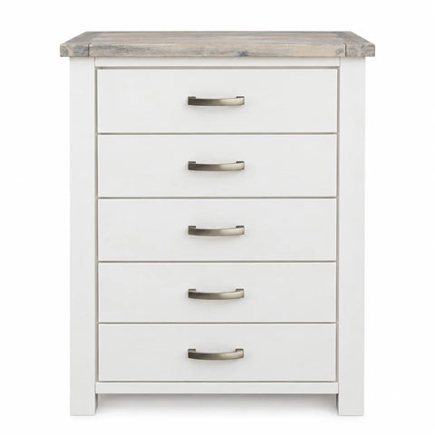 Ashland 5 Drawer Solid Wood Slim Tallboy – White Wash Coastal