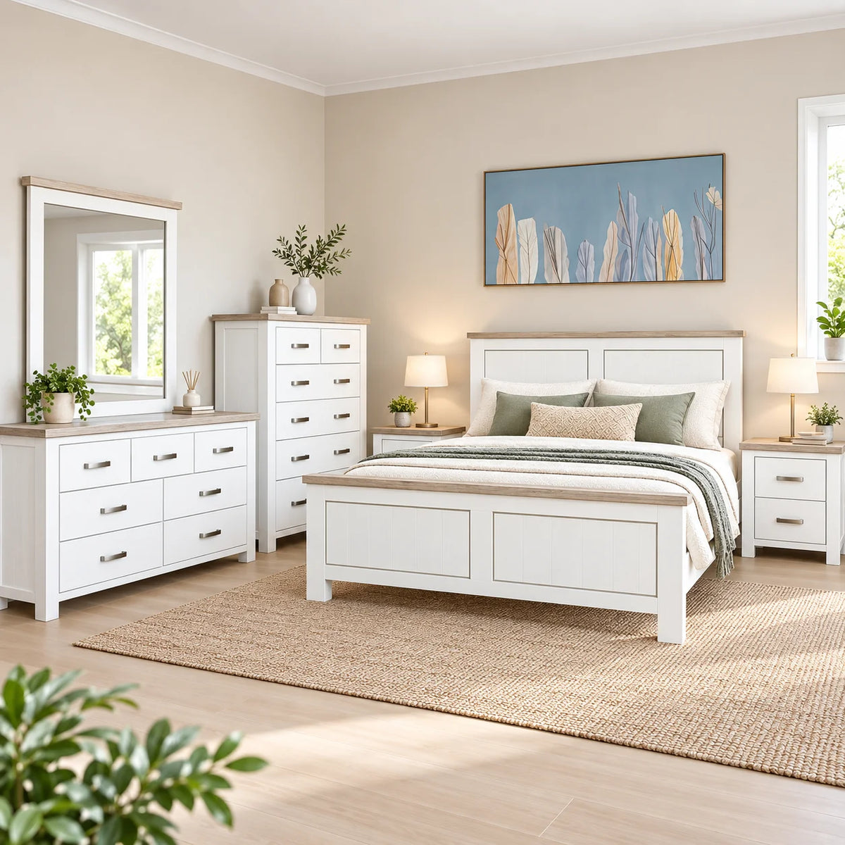 Ashland Solid Wood White Wash Coastal Queen Bedroom Suite