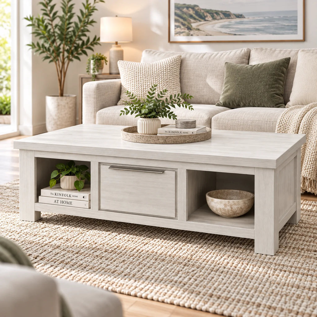 Aspen Solid Wood White Wash Two Drawer Coffee Table