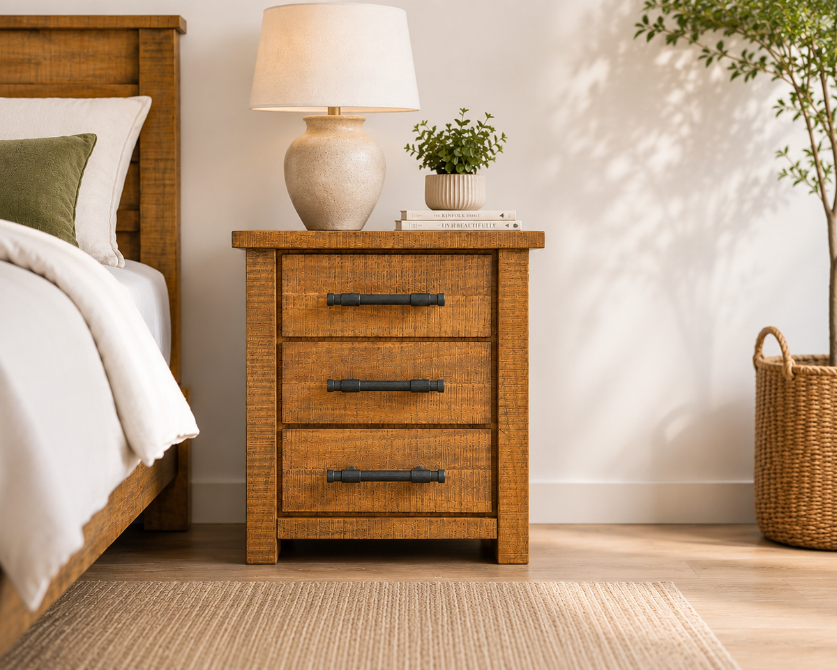 Woodgate Rustic Solid Wood 3 Drawer Bedside Table