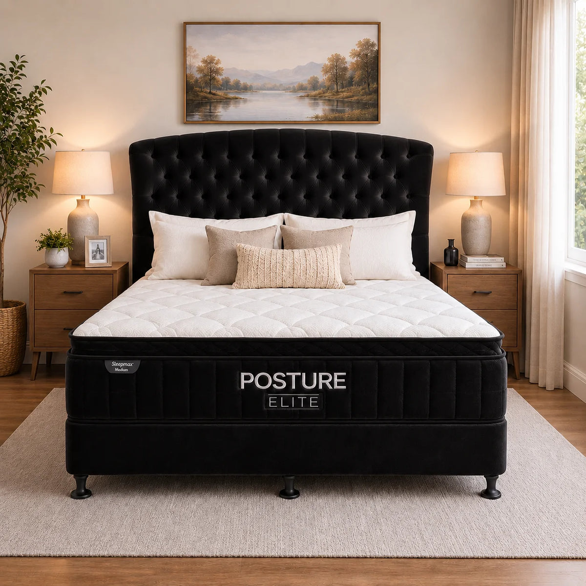 Queen Bed Set with Posture Elite Medium Mattress, NZ Made Base & Birmingham Headboard