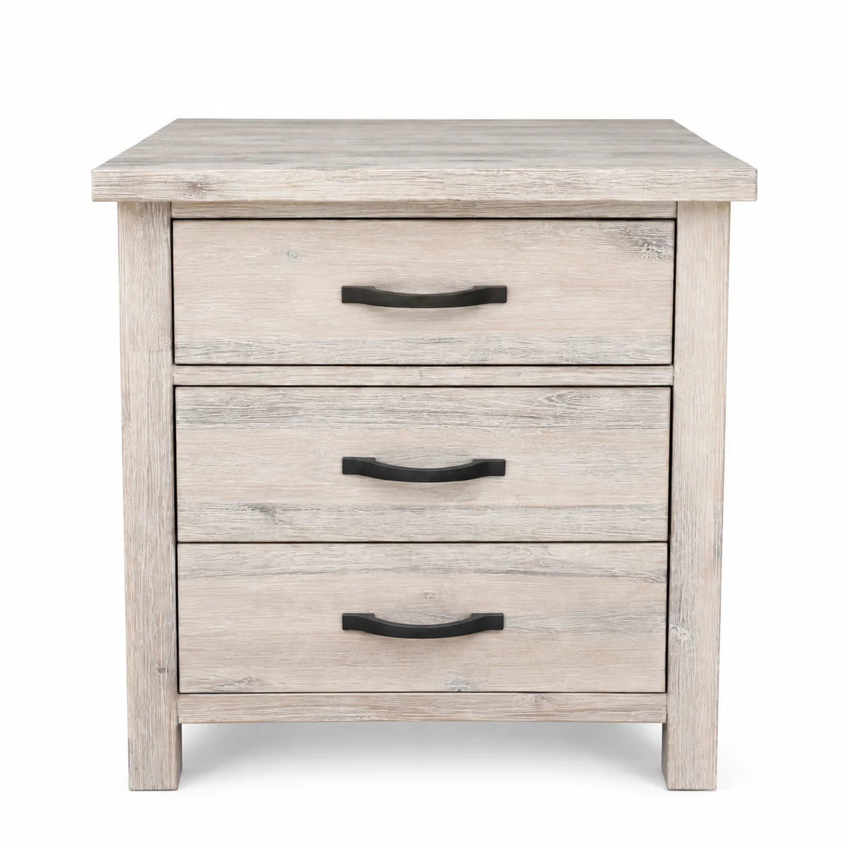 Brighton Solid Acacia 3 Drawer Bedside Table – White Wash Rustic Finish