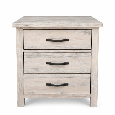 Brighton Solid Acacia 3 Drawer Bedside Table – White Wash Rustic Finish