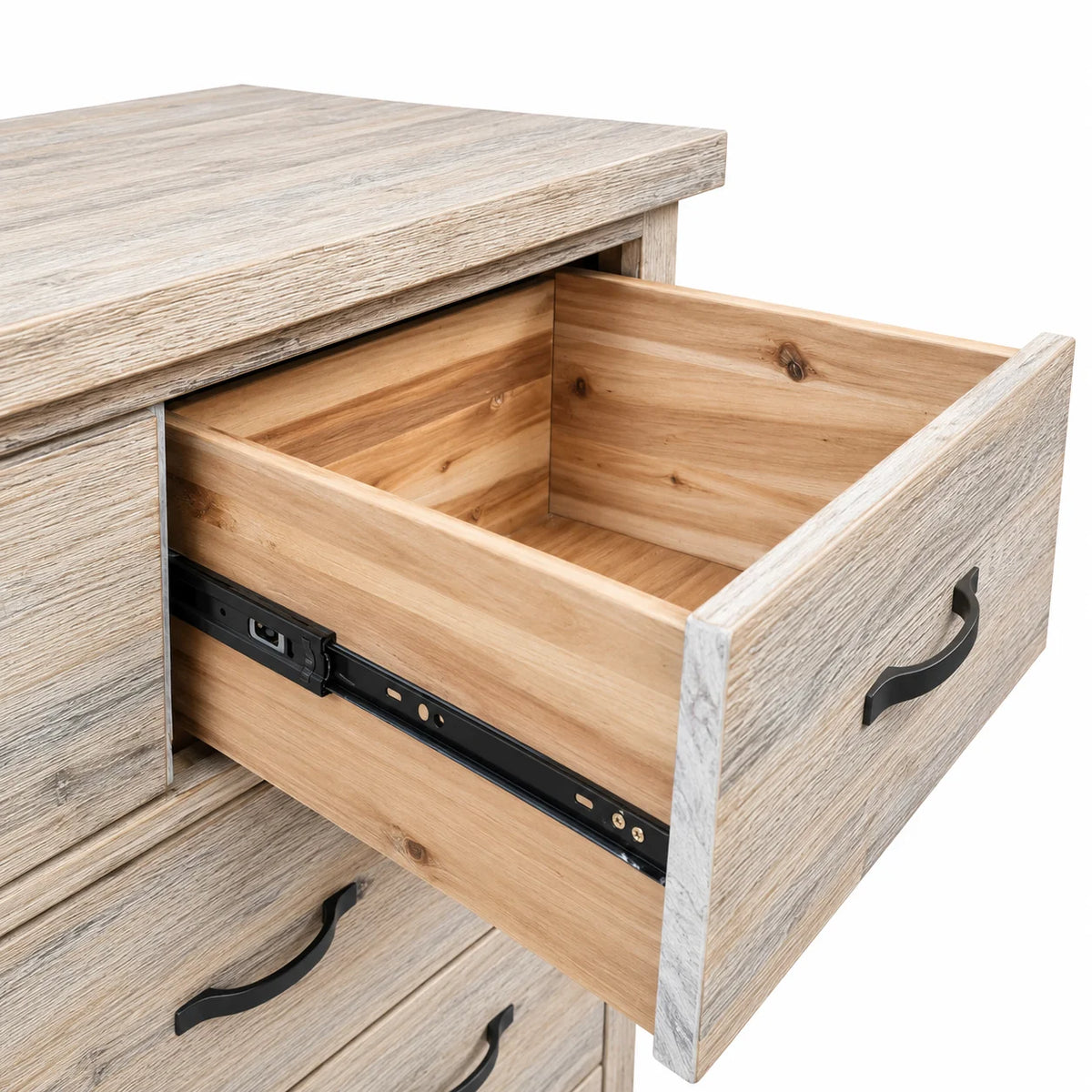 Brighton Solid Acacia 5 Drawer Tallboy – White Wash Rustic Finish