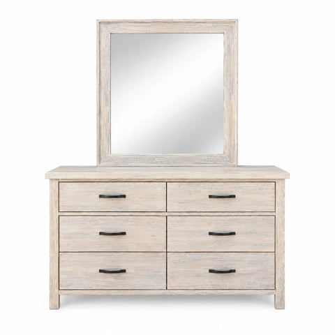 Brighton Solid Acacia 6 Drawer Dressing Table with Mirror – White Wash Rustic Finish