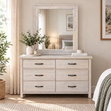 Brighton Solid Acacia 6 Drawer Dressing Table with Mirror – White Wash Rustic Finish