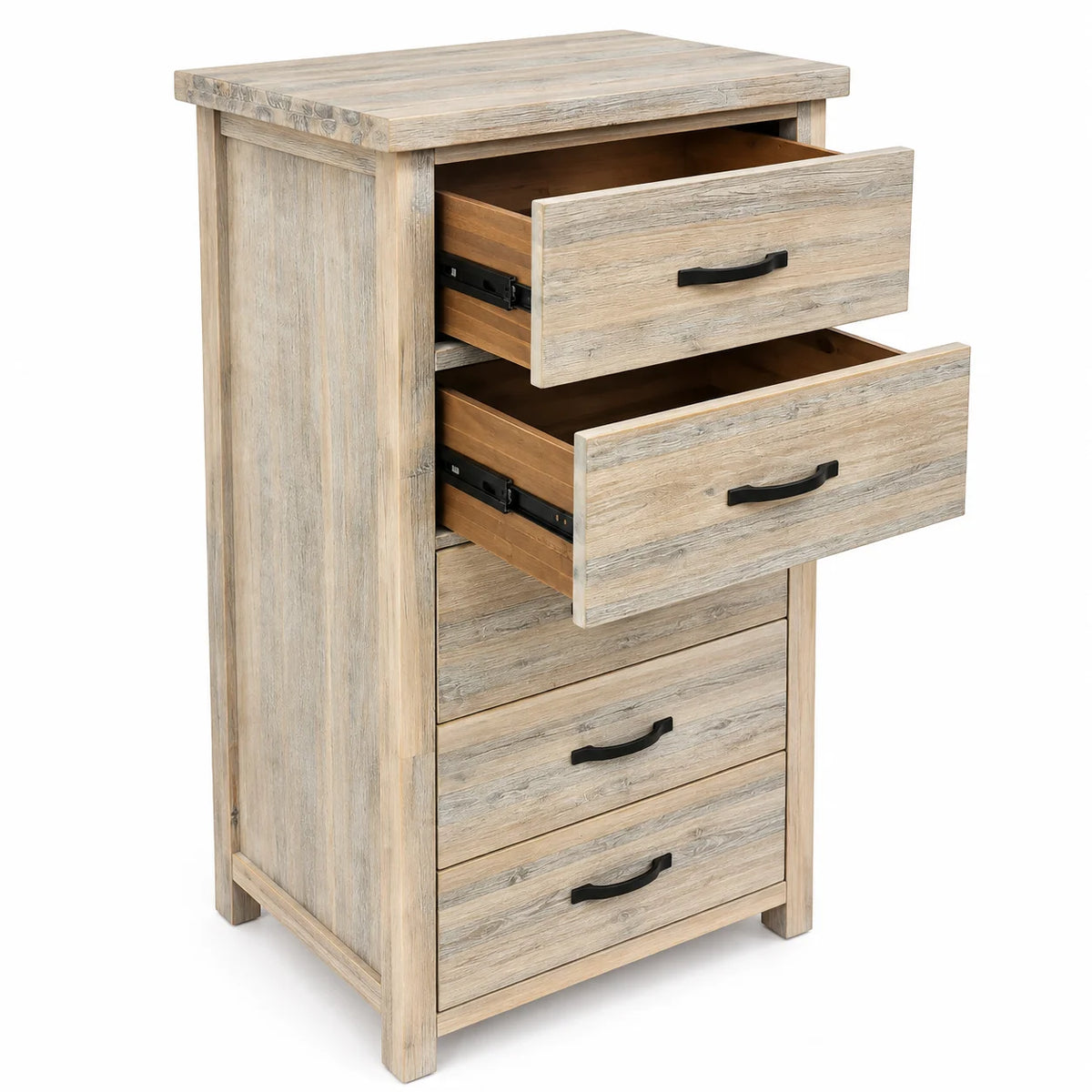 Brighton Solid Acacia 5 Drawer Slimboy – White Wash & Rustic Finish