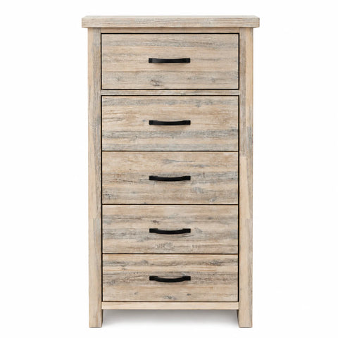 Brighton Solid Acacia 5 Drawer Slimboy – White Wash & Rustic Finish
