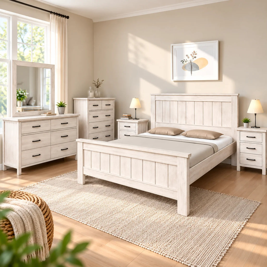 Brighton Solid Wood Bed Frame – White Wash Rustic Finish