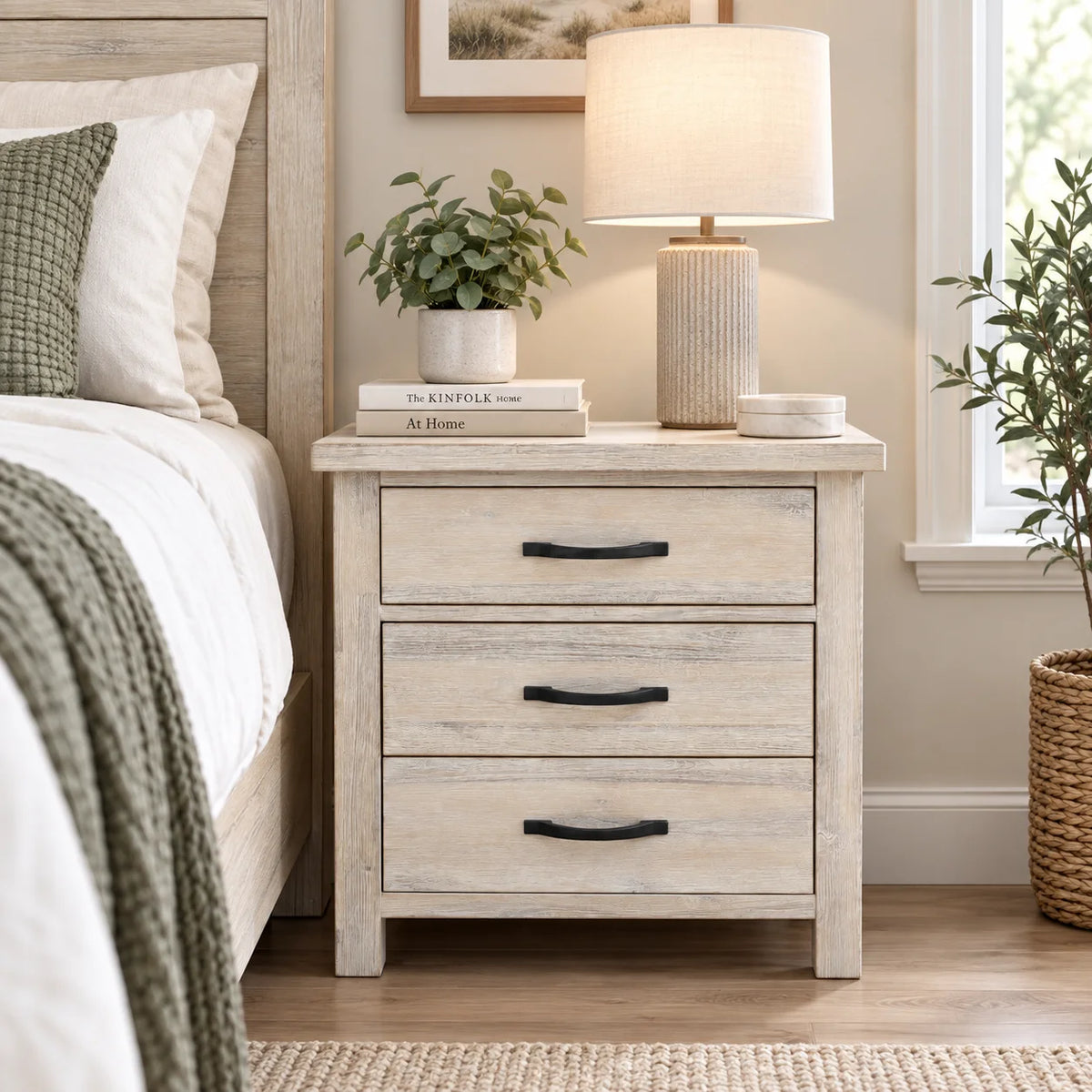 Brighton Solid Acacia 3 Drawer Bedside Table – White Wash Rustic Finish
