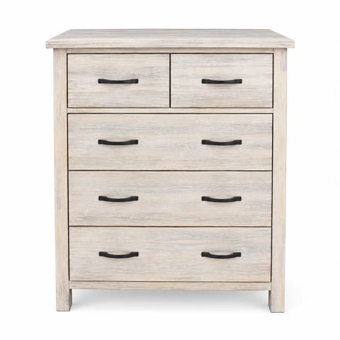 Brighton Solid Acacia 5 Drawer Tallboy – White Wash Rustic Finish