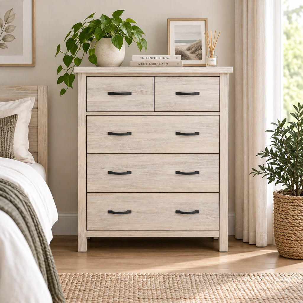 Brighton Solid Acacia 5 Drawer Tallboy – White Wash Rustic Finish