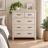 Brighton Solid Acacia 5 Drawer Tallboy – White Wash Rustic Finish