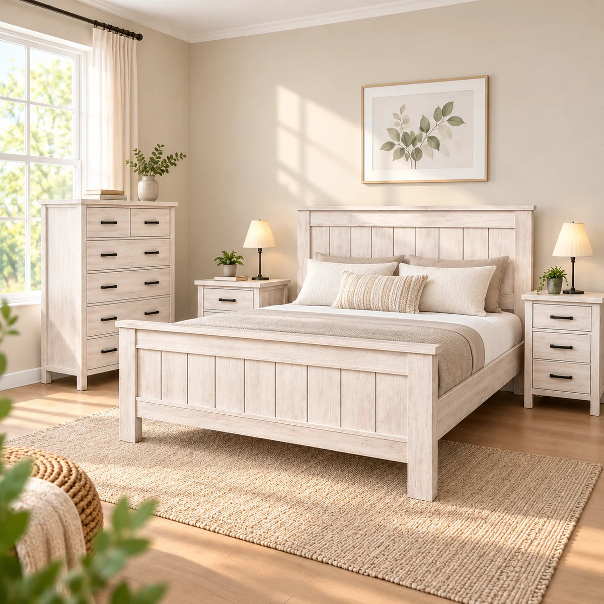 Brighton Solid Acacia Wood Queen Bedroom Suite – White Wash Rustic Finish