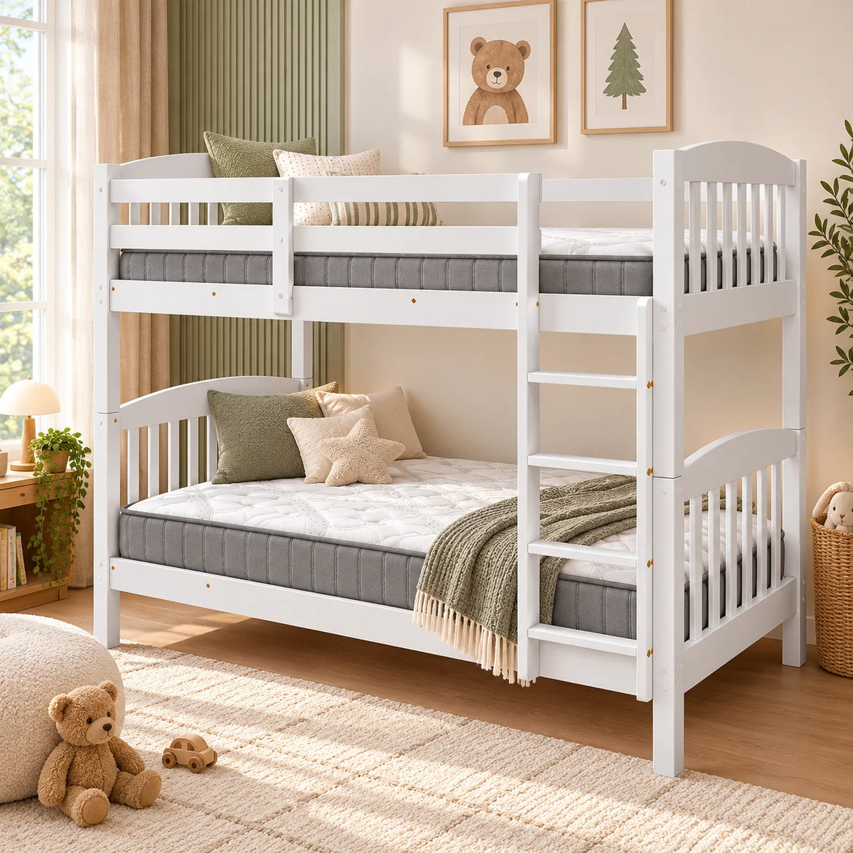 Lily White Wooden Single over Single Bunk Bed with Mattresses