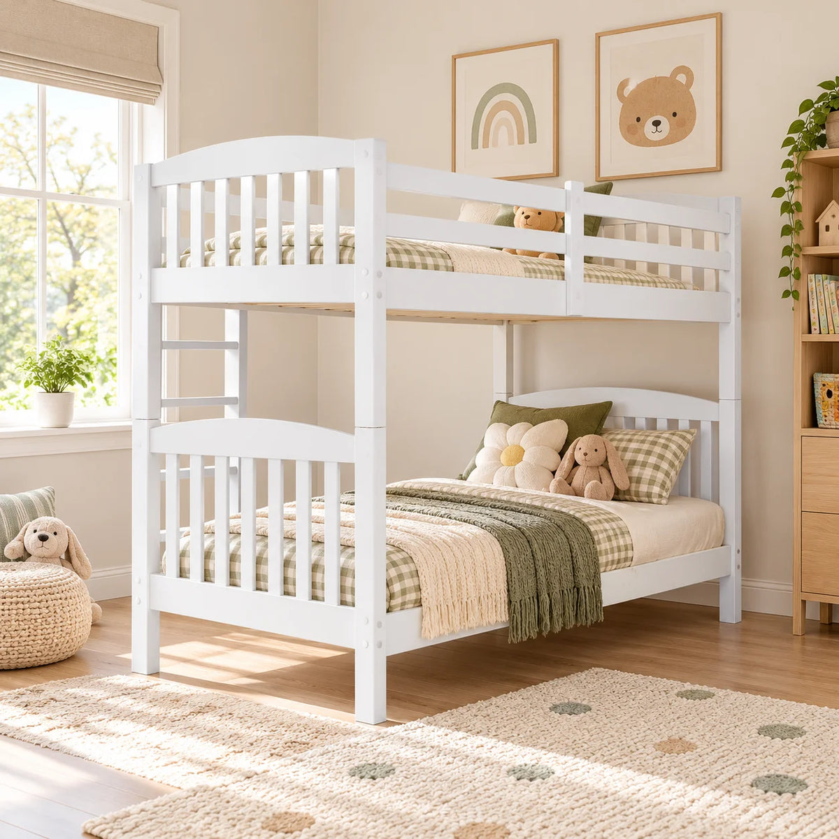 Lily White Wooden Single over Single Bunk Bed with Mattresses