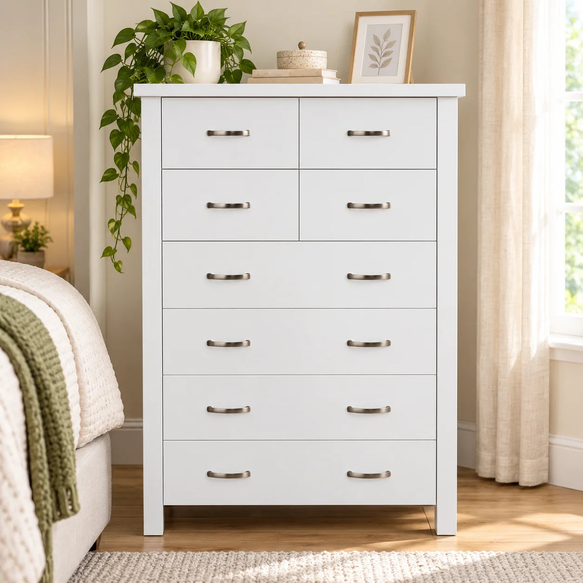 Pamela Solid Pine 8 Drawer Tallboy – White