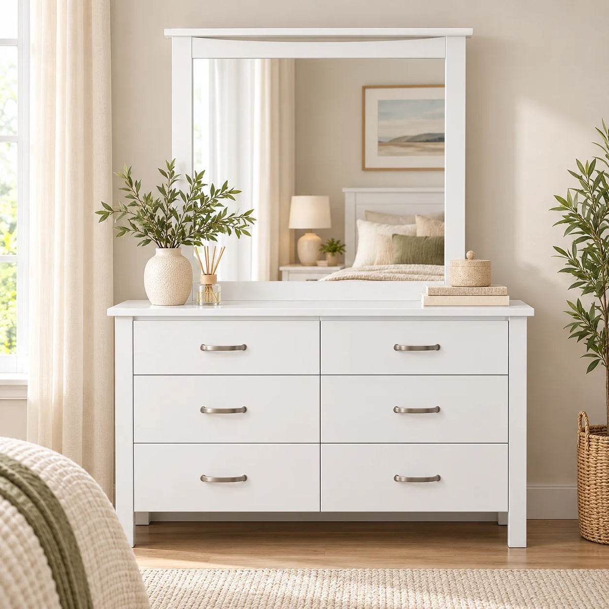 Pamela Solid Pine 6 Drawer Dressing Table with Mirror – White