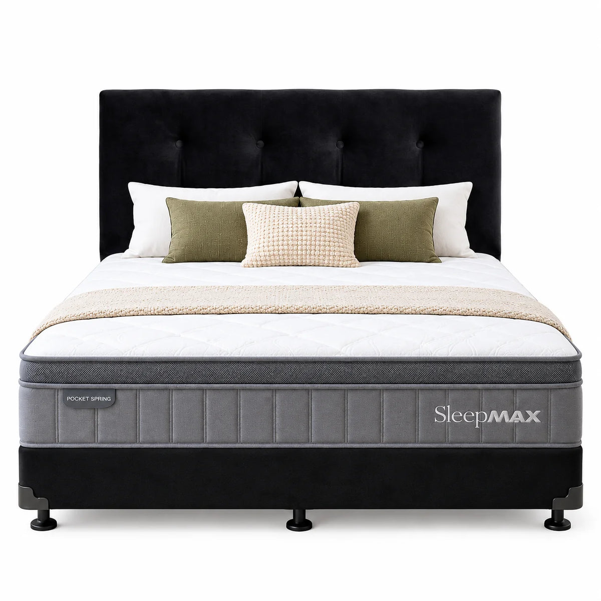 Double Bed Set with Sleepmax Euro Top Mattress, NZ Made Base & Headboard