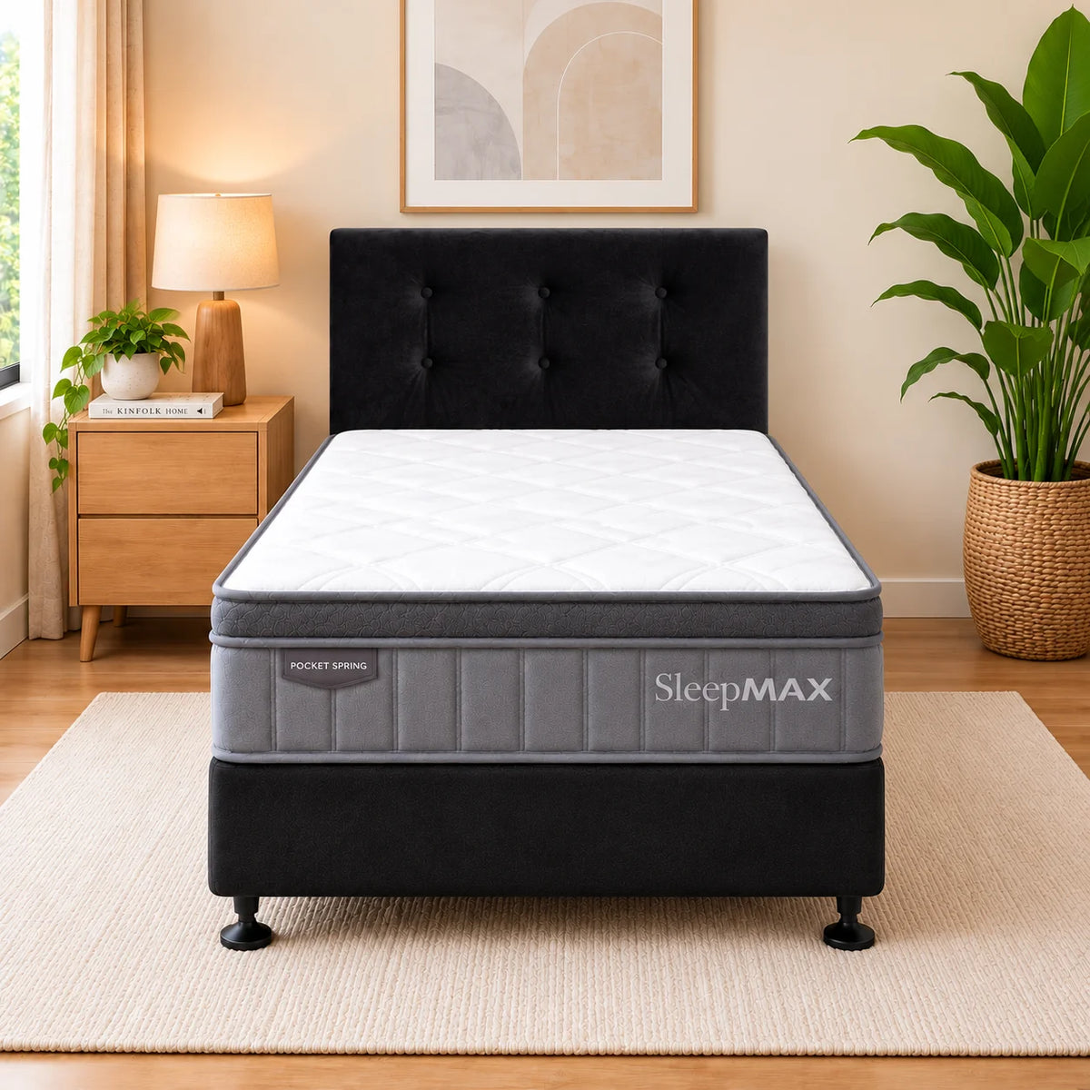 King Single Bed Set with Sleepmax Euro Top Mattress, NZ Made Base & Headboard
