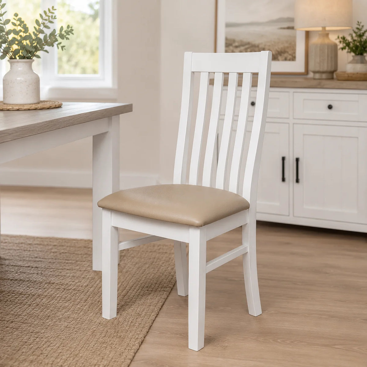Ashland Solid Pine Dining Chair Leather Padding – White Wash Coastal Style