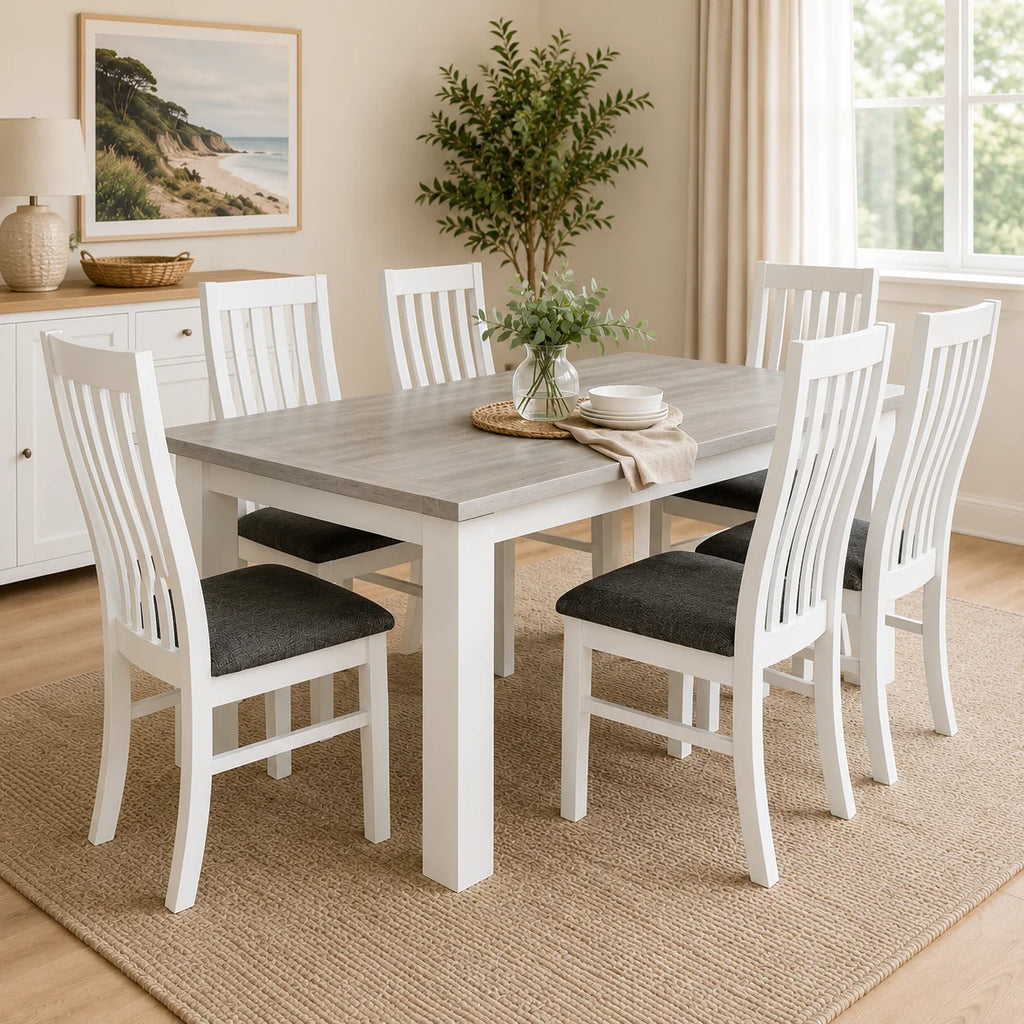 Ashland Solid Pine 7 Piece Dining Suite – White Wash Coastal Style 1.5m & 1.8m Table