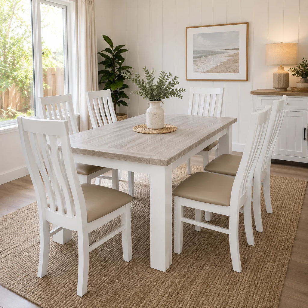Ashland Solid Pine 7 Piece Dining Suite – White Wash Coastal Style 1.5m & 1.8m Table