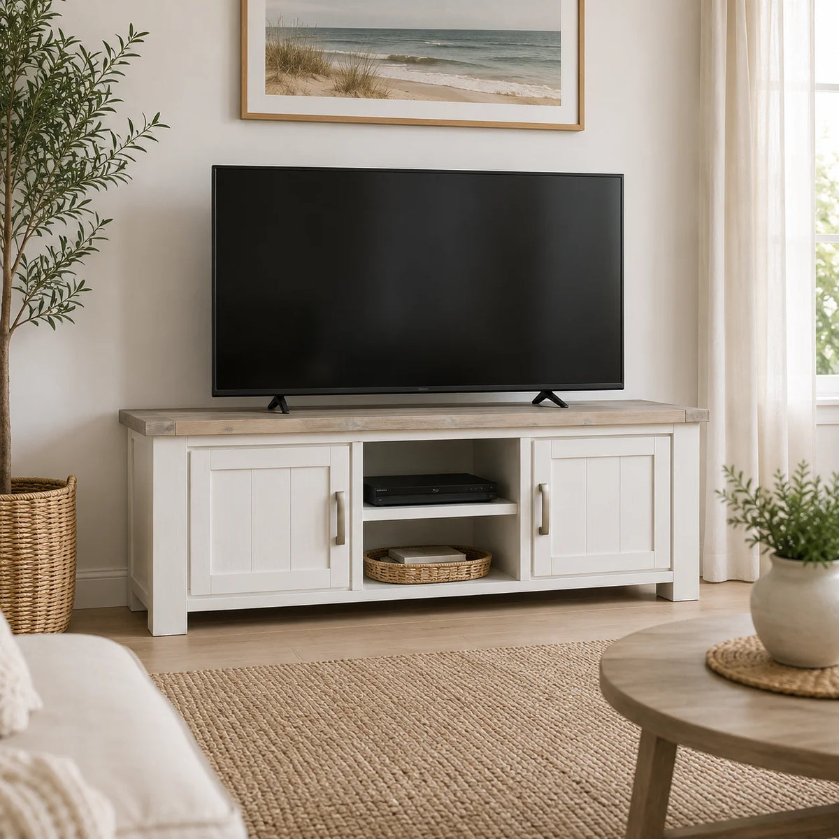 Ashland Solid Pine 1600mm TV Unit – White Wash Coastal Style