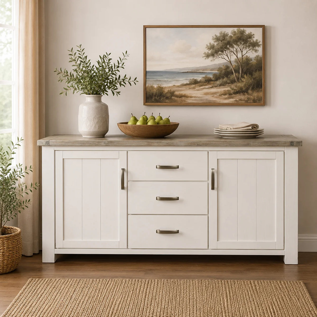 Ashland Solid Pine 1800 Buffet – White Wash Coastal Style