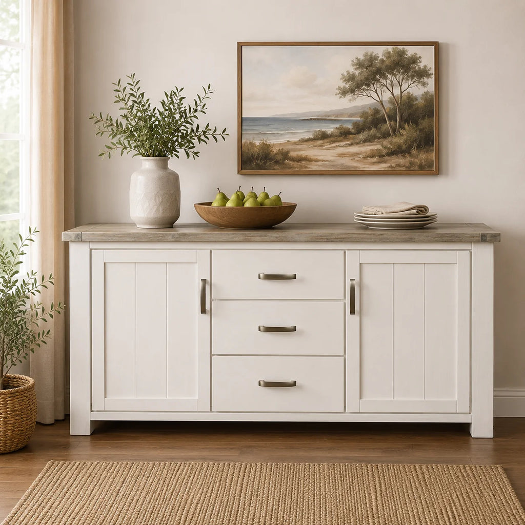 Ashland Solid Pine 1800 Buffet – White Wash Coastal Style