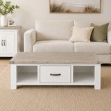Ashland Solid Pine 2 Drawer Coffee Table – White Wash Coastal Style
