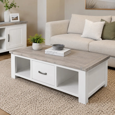 Ashland Solid Pine 2 Drawer Coffee Table – White Wash Coastal Style