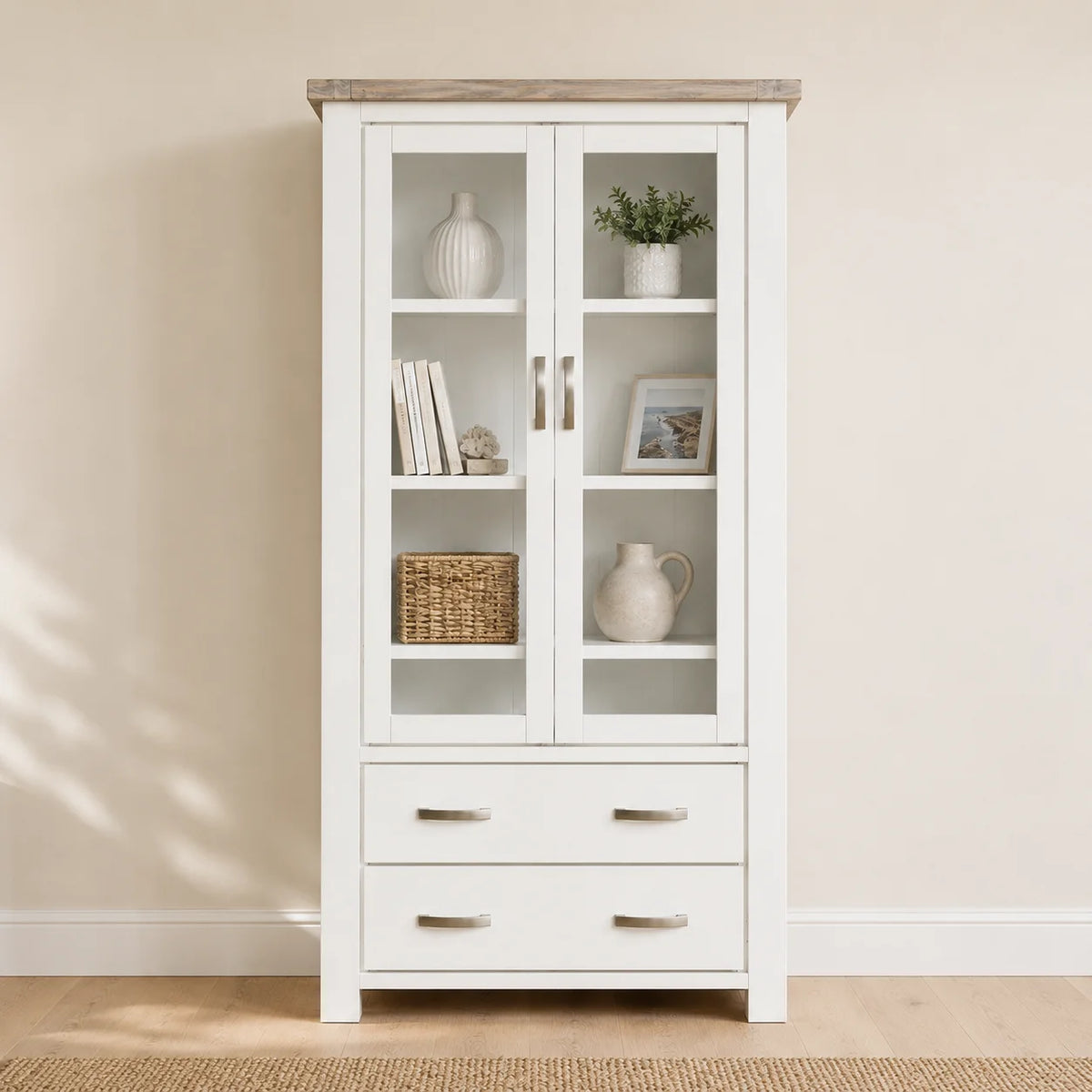 Ashland Solid Pine Display Cabinet – White Wash Coastal Style
