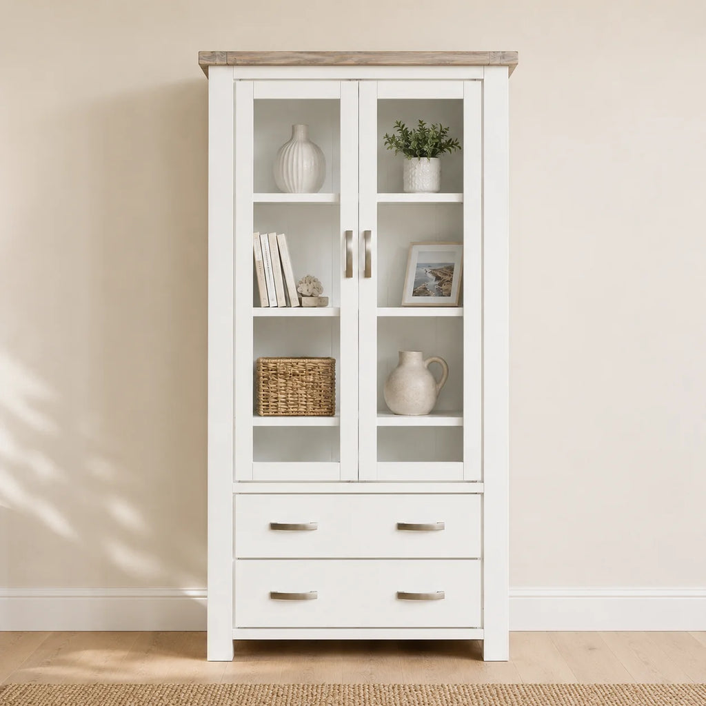 Ashland Solid Pine Display Cabinet – White Wash Coastal Style