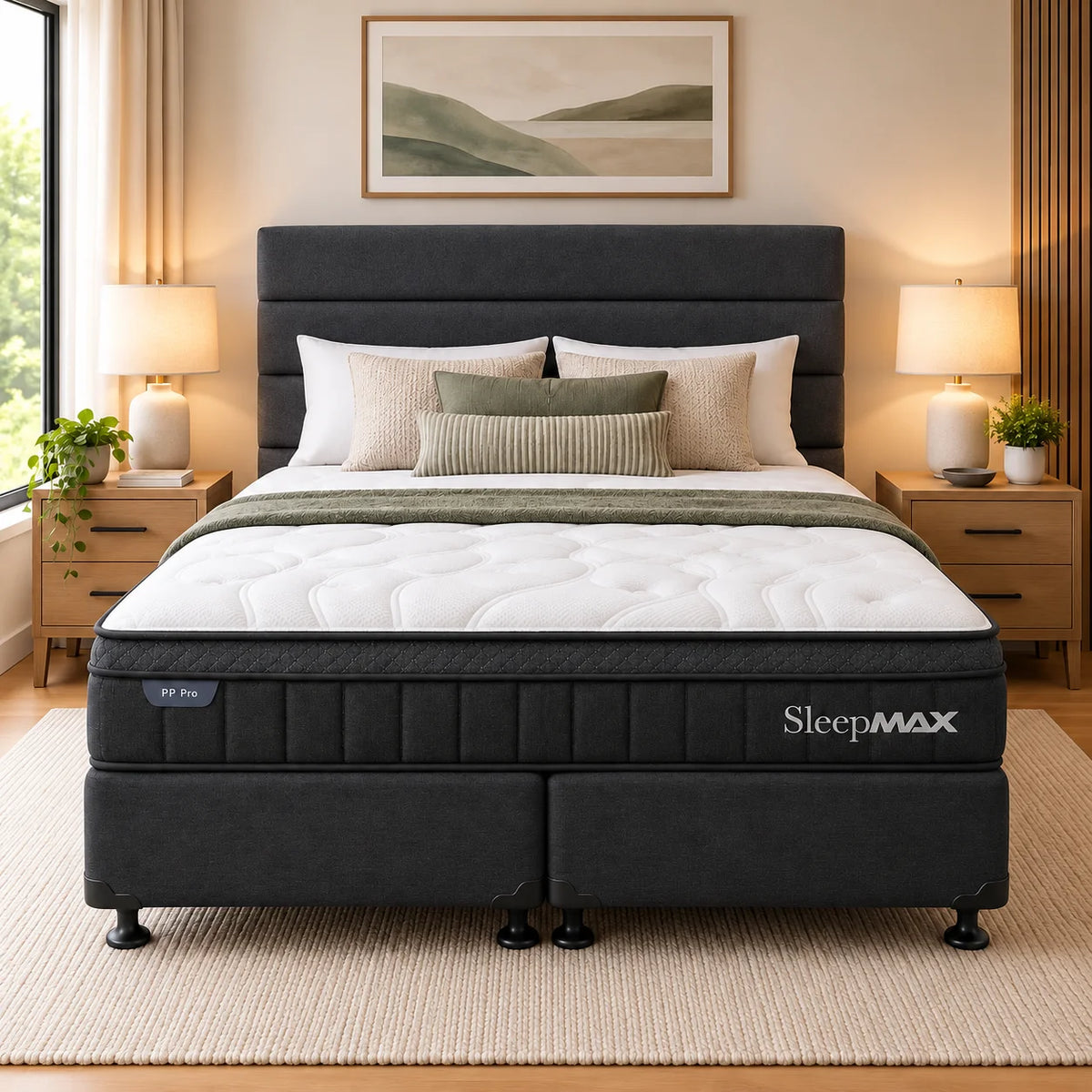 Super King Bed Set with Sleepmax PRO Mattress, NZ Made Split Base & Kingsland Headboard