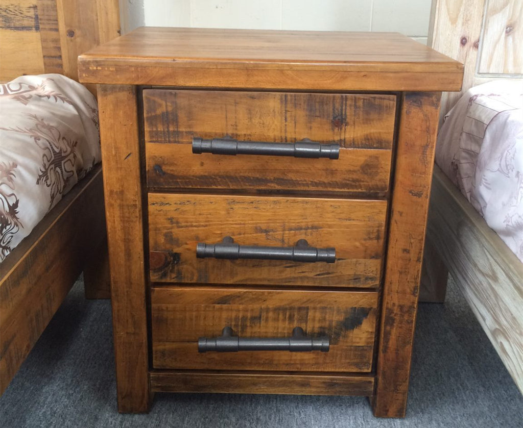 Woodlock Solid Pine Wood Bedside Rough Sawn and Rustic