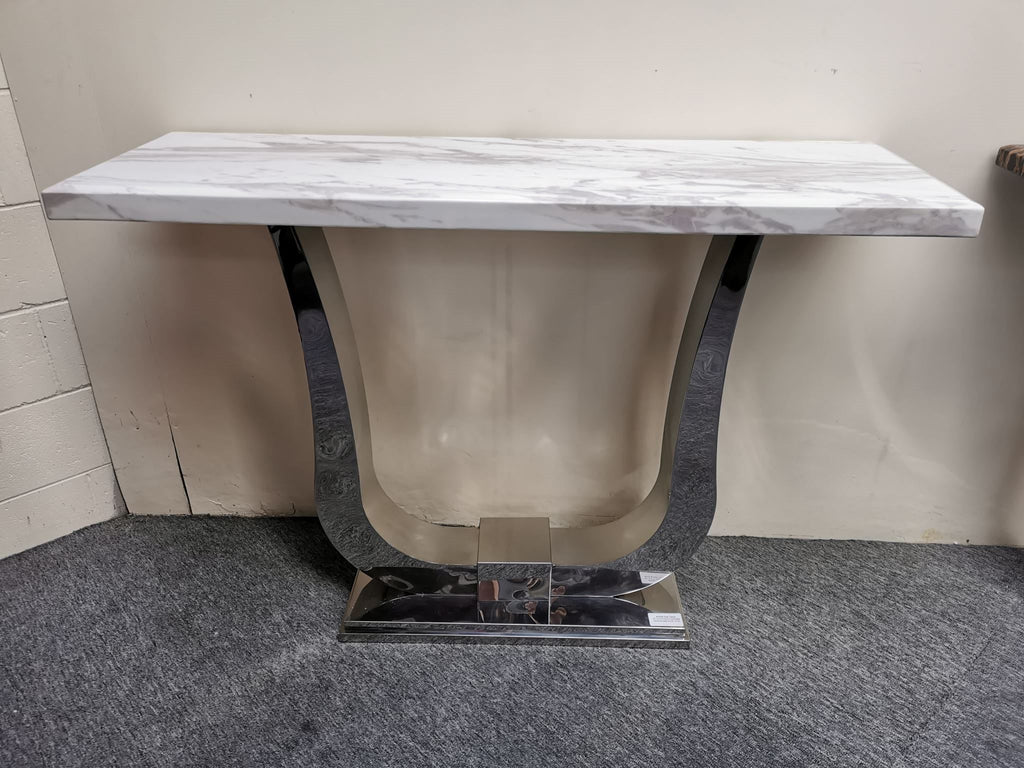 White Marble Slab with Grey Pattern on Stainless Steel Stand Hall Table