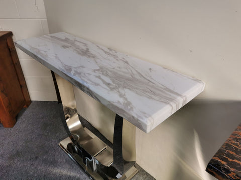 White Marble Slab with Grey Pattern on Stainless Steel Stand Hall Table
