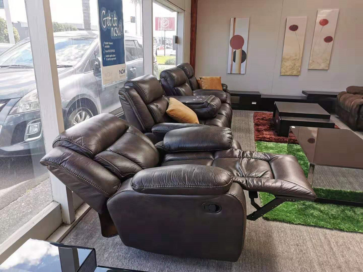 Hudson Air Leather Recliner Sofa with Fold-Down Cup Holder Console from