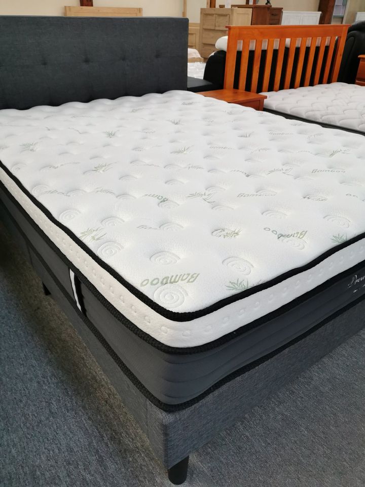 Queen Bed 2Pcs NZ Made Base with a 3 Zone Pocket Spring Memory Foam Bamboo Mattress
